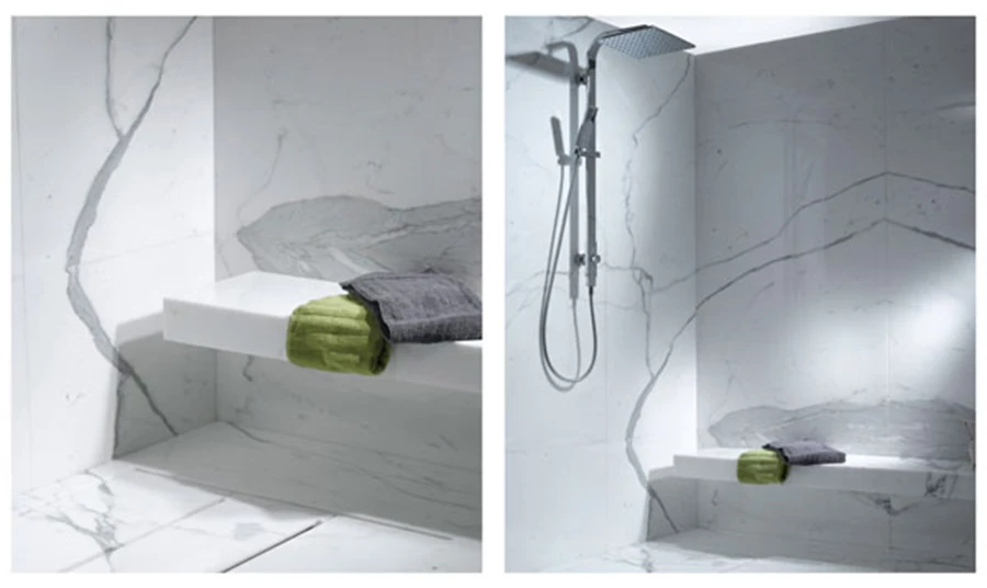 חיפוי חדר אמבטיה בטכניקת BOOK MATCH. שימוש באבן מסוג STATUARIO - האבן היוקרתית בעולם.