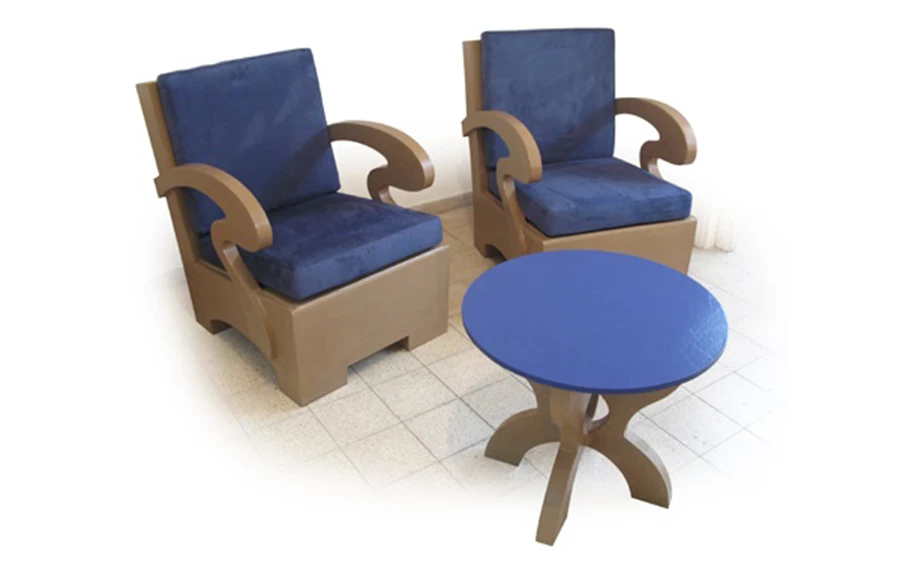 פינת ישיבה עשויה כולה קרטון בתוספת ריפוד בבד כחול | מיקי הורוביץ – אמנות קרטון ונייר