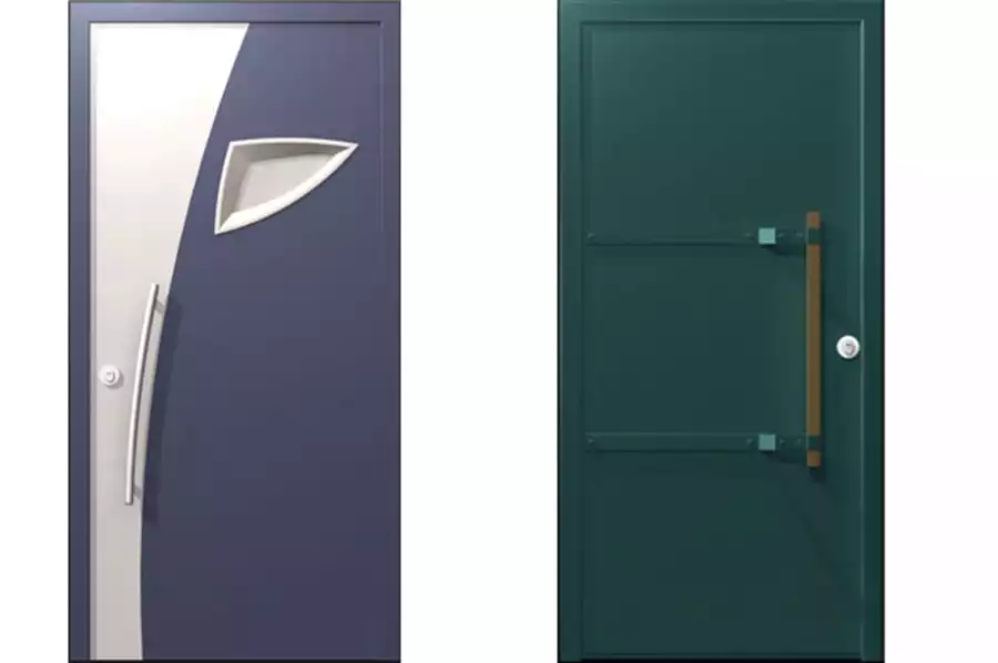 מימין: דלת כניסה מדגם 'מרבלה'. (סניף חיפה והצפון). משמאל:דלת כניסה מדגם 'סידני'. 'דלתות רשפים' .