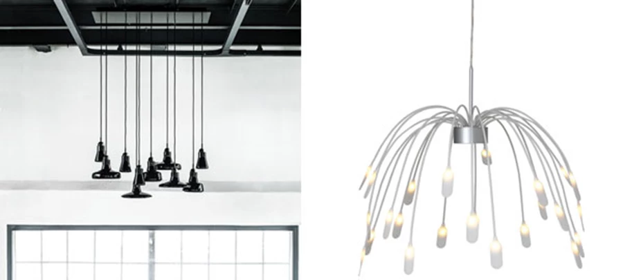 מימין: גוף תאורה ‘Haggas’, בסגנון רטרו, אך משולב בנורות LED חסכוניות - רשת ‘איקאה’ | גוף תאורה המורכב ממקבץ של גופי תאורה נפרדים, עשויים זכוכית בניפוח  - ‘הביטאט’