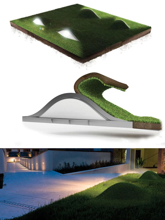 גוף תאורה ‘Lampyris’, של המותג ‘Panzeri’, מיועד לחוץ: מבוסס LED ה’מתחבא’ מתחת למשטח הדשא ליצירת גבעות קטנות מהן בוקע האור - ‘קמחי תאורה’.
