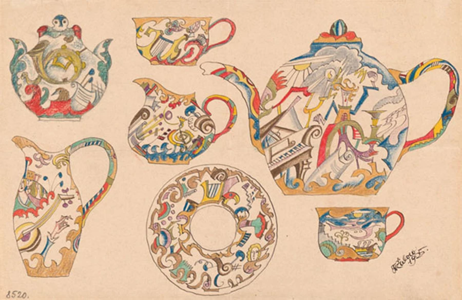 עיצוב למערכת תה, 1925, עפרון, דיו, עפרונות צבעוניים, צבעי מים, נייר. © MAK