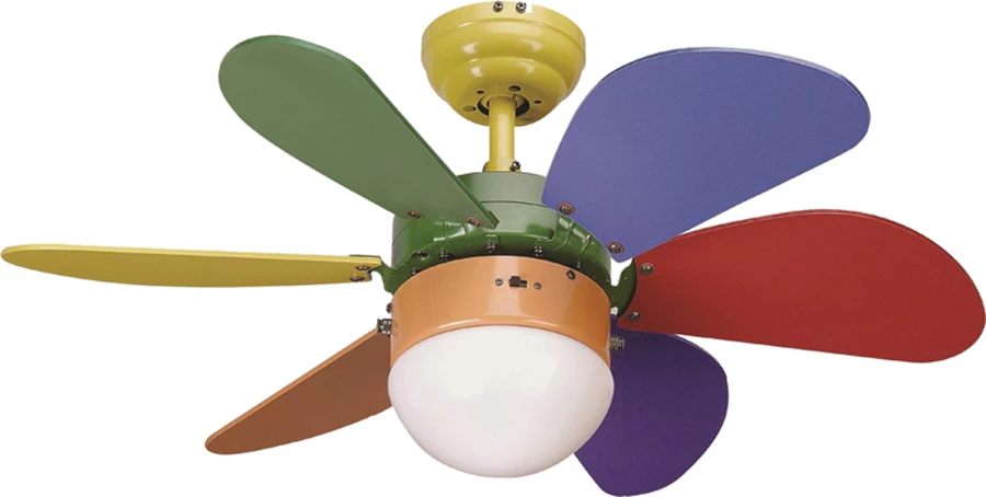 מאוורר תקרה מדגם 'פסיפיק', בעל כנפיים צבעוניות וגוף תאורה | 'רשת מחסני תאורה'.