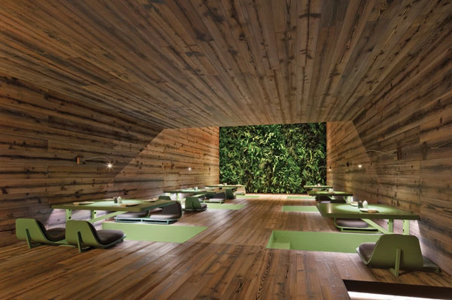 חלל חדר התה: ספון עץ המשמש בריצוף,בתקרה ובחיפוי הקירות,ומלווה בקיר צמחייה ירוק המלווה את כל גובהו.
